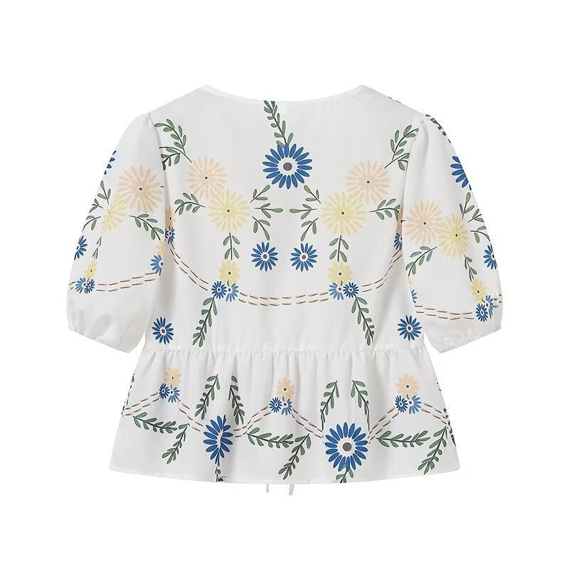 Floral Print Tie Front Peplum Blouse - Yellow - 1