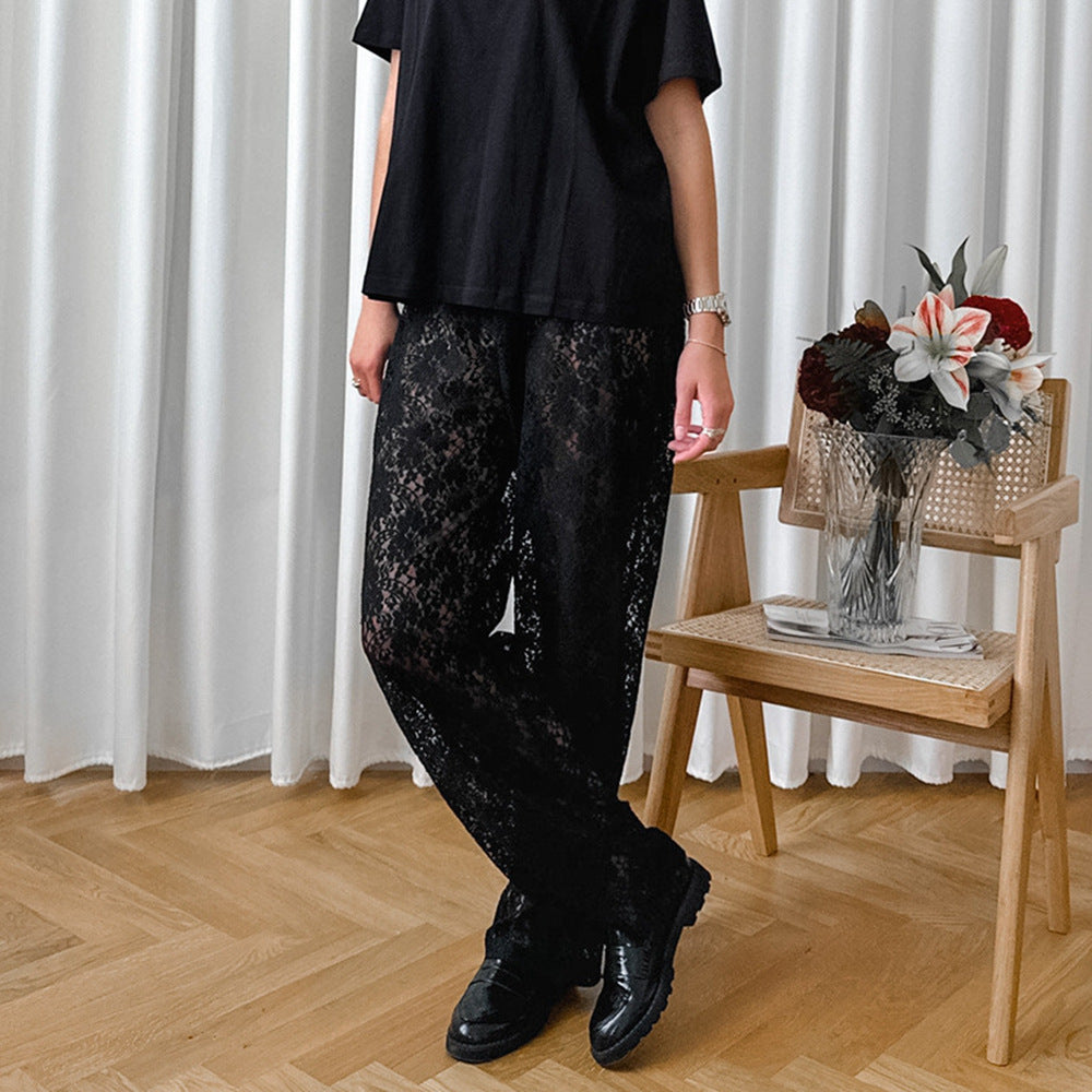 Sheer Lace High Waist Wide Leg Trousers - Black - 2