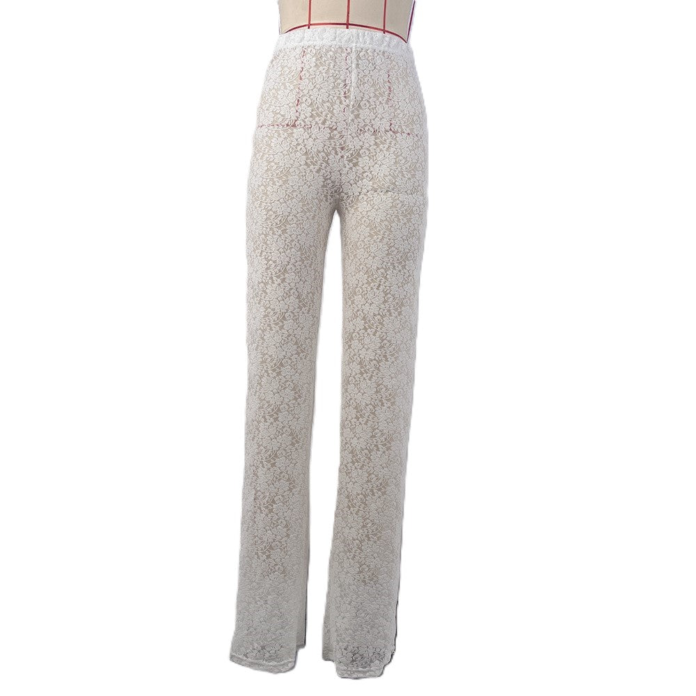 Sheer Lace High Waist Wide Leg Trousers - White - 1
