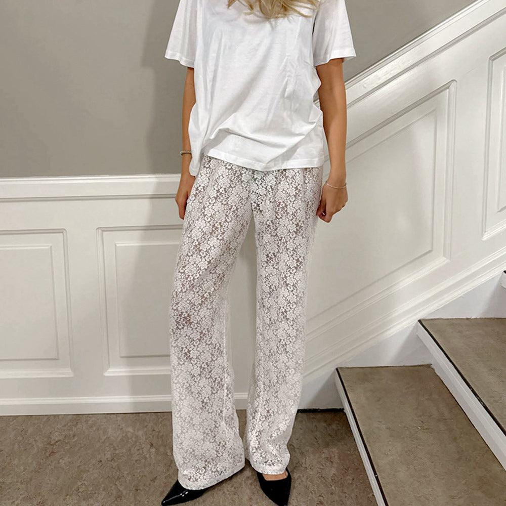 Sheer Lace High Waist Wide Leg Trousers - White - 2