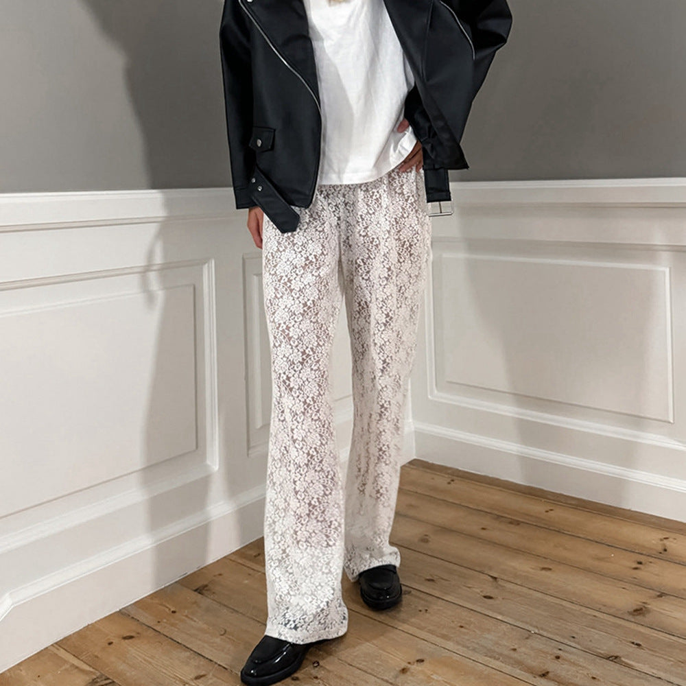 Sheer Lace High Waist Wide Leg Trousers