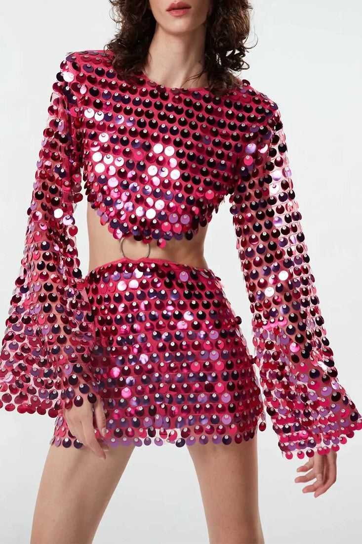 Disc Sequin Cutout Waist Mini Dress - Red