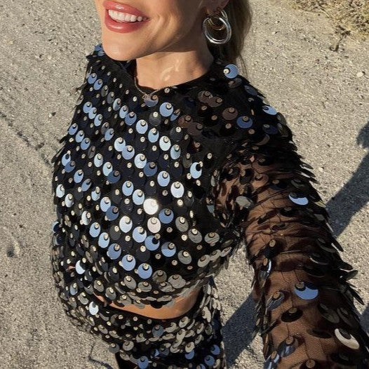 Disc Sequin Cutout Waist Mini Dress - black