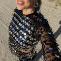 Disc Sequin Cutout Waist Mini Dress - black