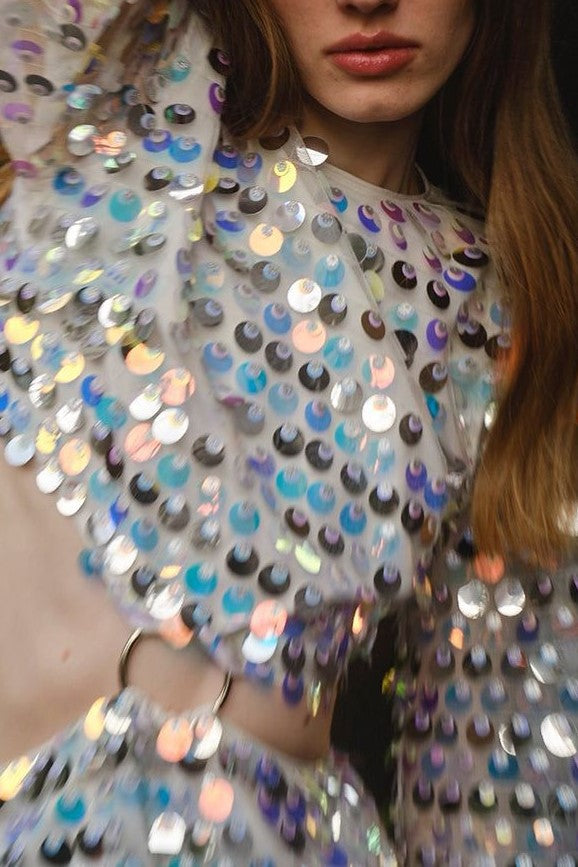 Disc Sequin Cutout Waist Mini Dress - silvery - 1