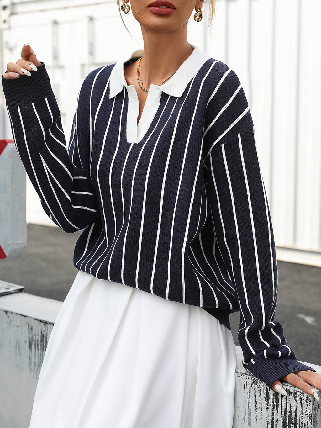 Preppy Striped Collared Knit Polo Sweater - view 1