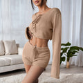 Lace Up Knit Crop Top Shorts Set - Khaki