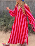 Striped Kaftan Maxi Dress With Tie Neck - Red