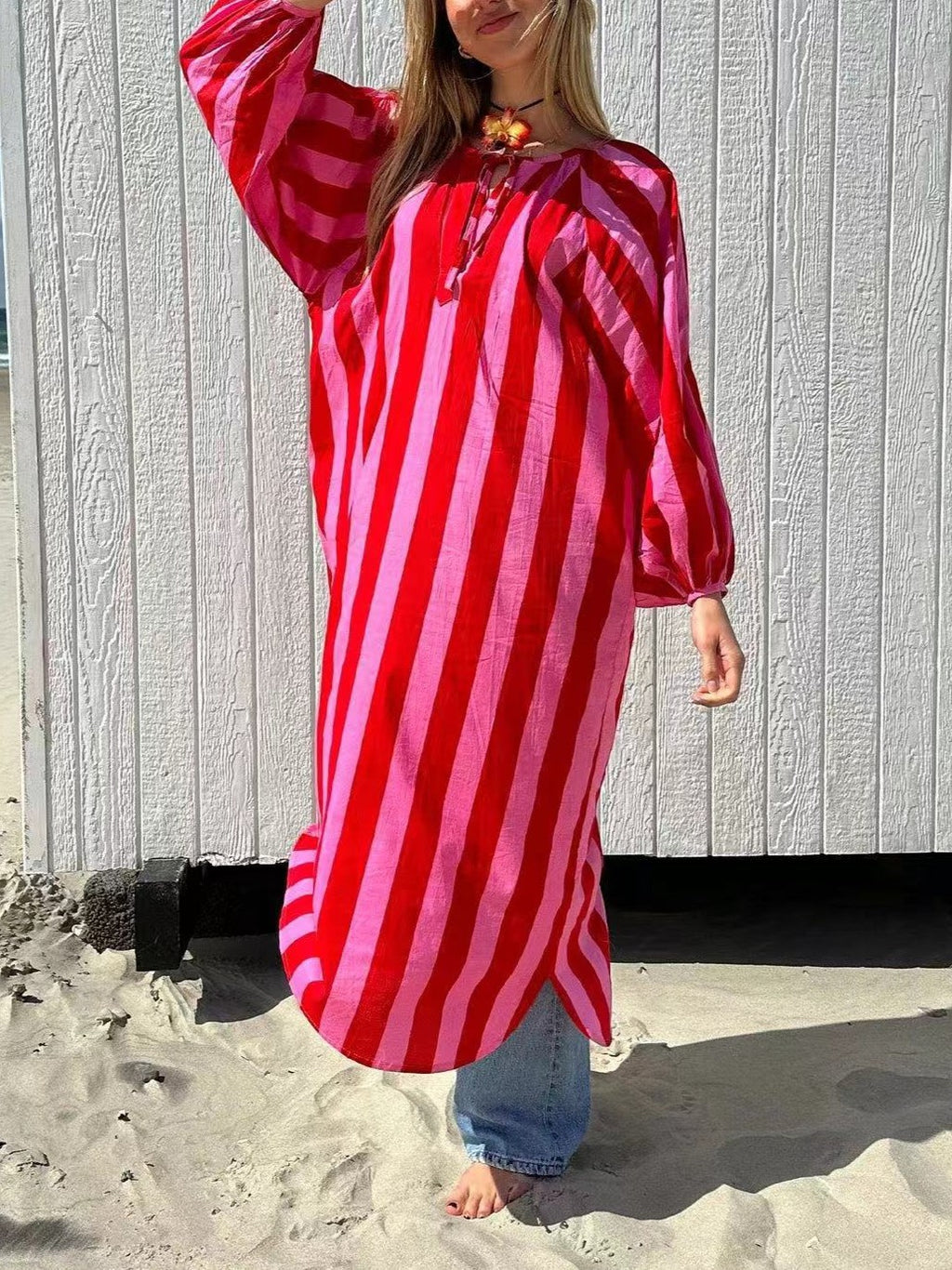 Striped Kaftan Maxi Dress With Tie Neck - Red - 1