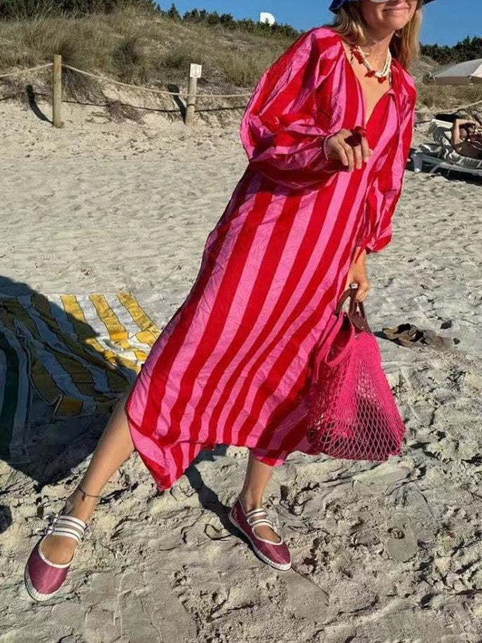 Striped Kaftan Maxi Dress With Tie Neck - Red - 2