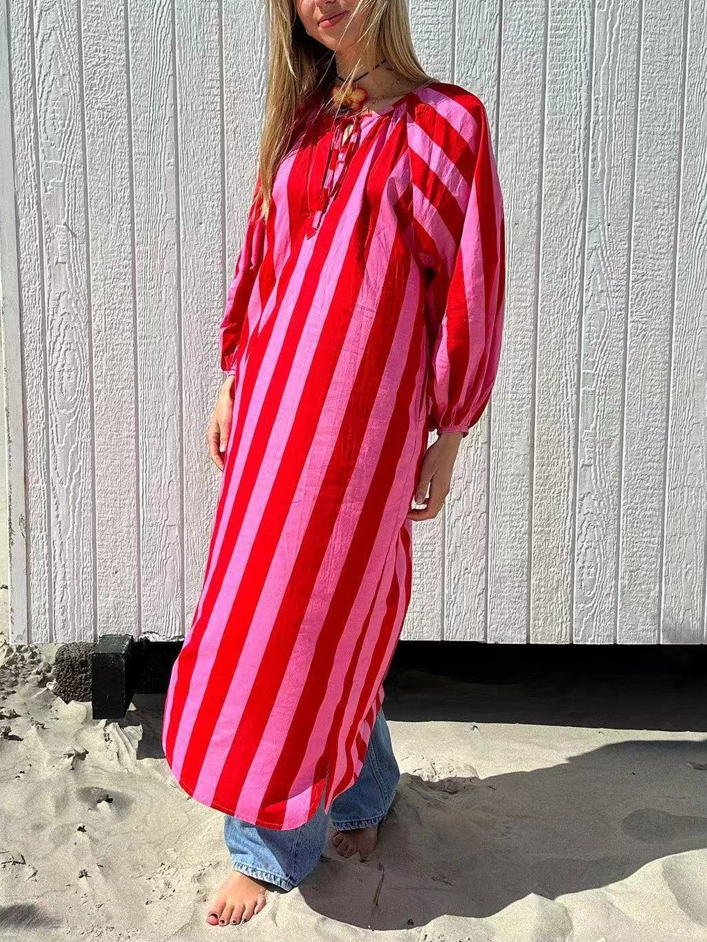 Striped Kaftan Maxi Dress With Tie Neck - Red - 3