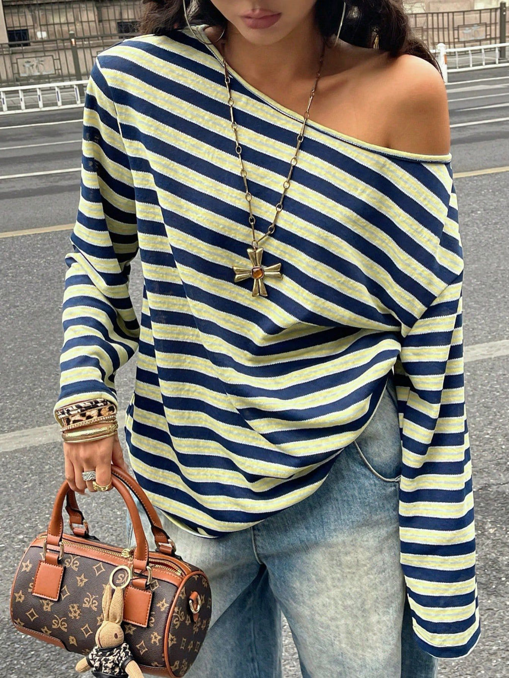 Slouchy Striped Off Shoulder Blouse - Blue
