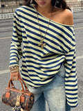 Slouchy Striped Off Shoulder Blouse - Blue