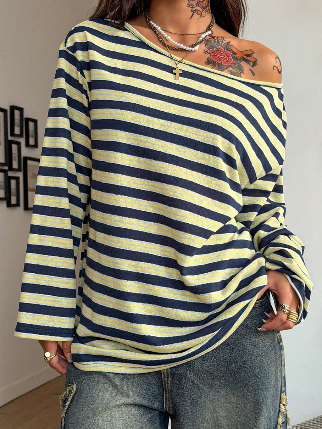 Slouchy Striped Off Shoulder Blouse - Blue - 4