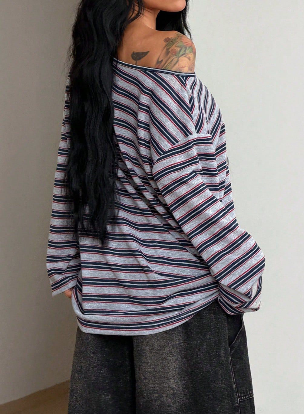 Slouchy Striped Off Shoulder Blouse - Grey - 1