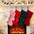Velvet Bow Christmas Stocking Fireplace Decoration - WineRed