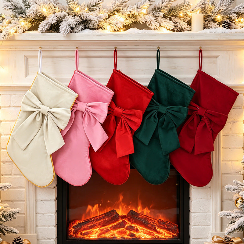 Velvet Bow Christmas Stocking Fireplace Decoration - WineRed