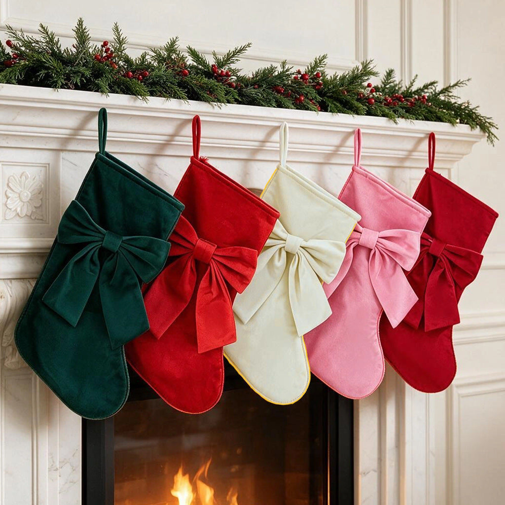 Velvet Bow Christmas Stocking Fireplace Decoration - WineRed - 1