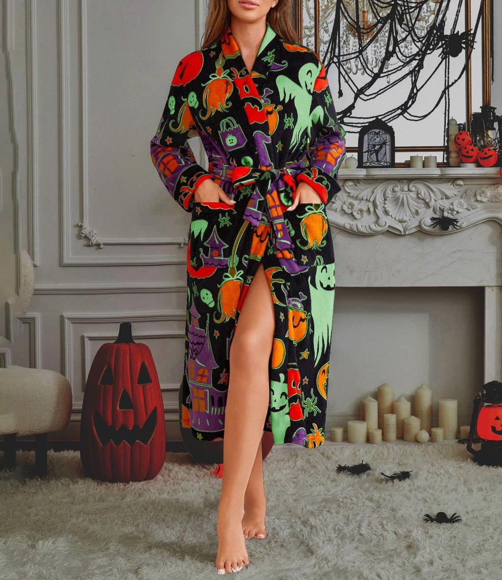 Printed Plush Fleece Long Wrap Robe - Black - 1