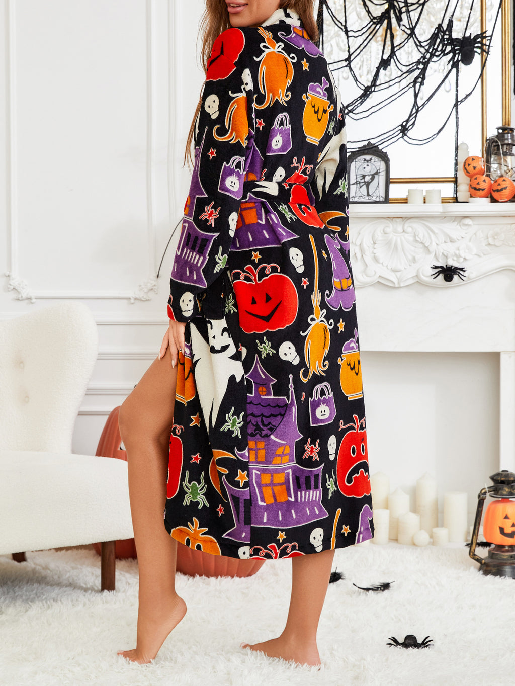 Printed Plush Fleece Long Wrap Robe - Black - 2