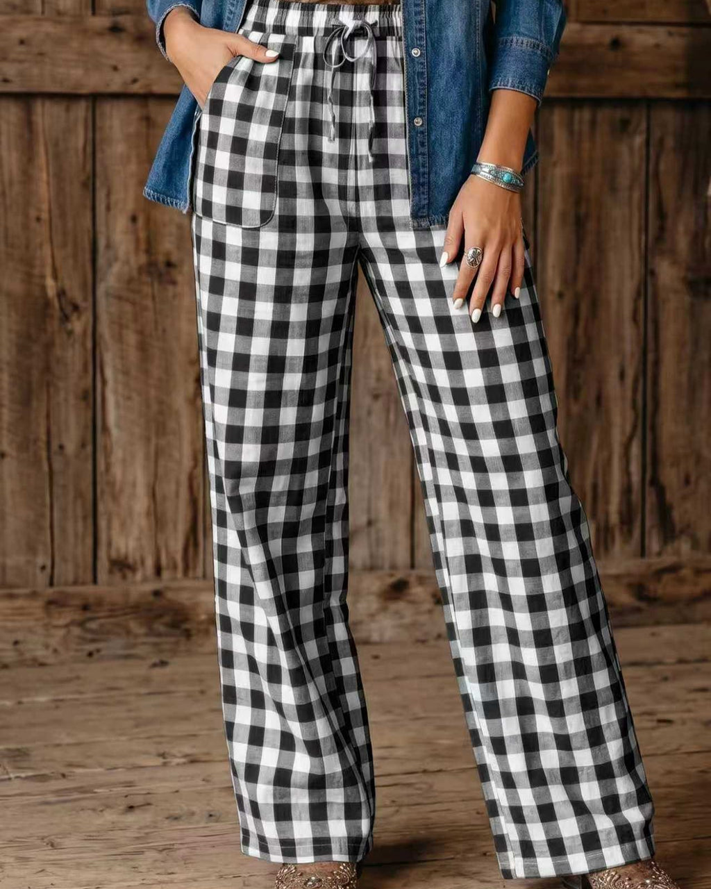 Gingham Drawstring Straight Leg Pants with Pockets - Black
