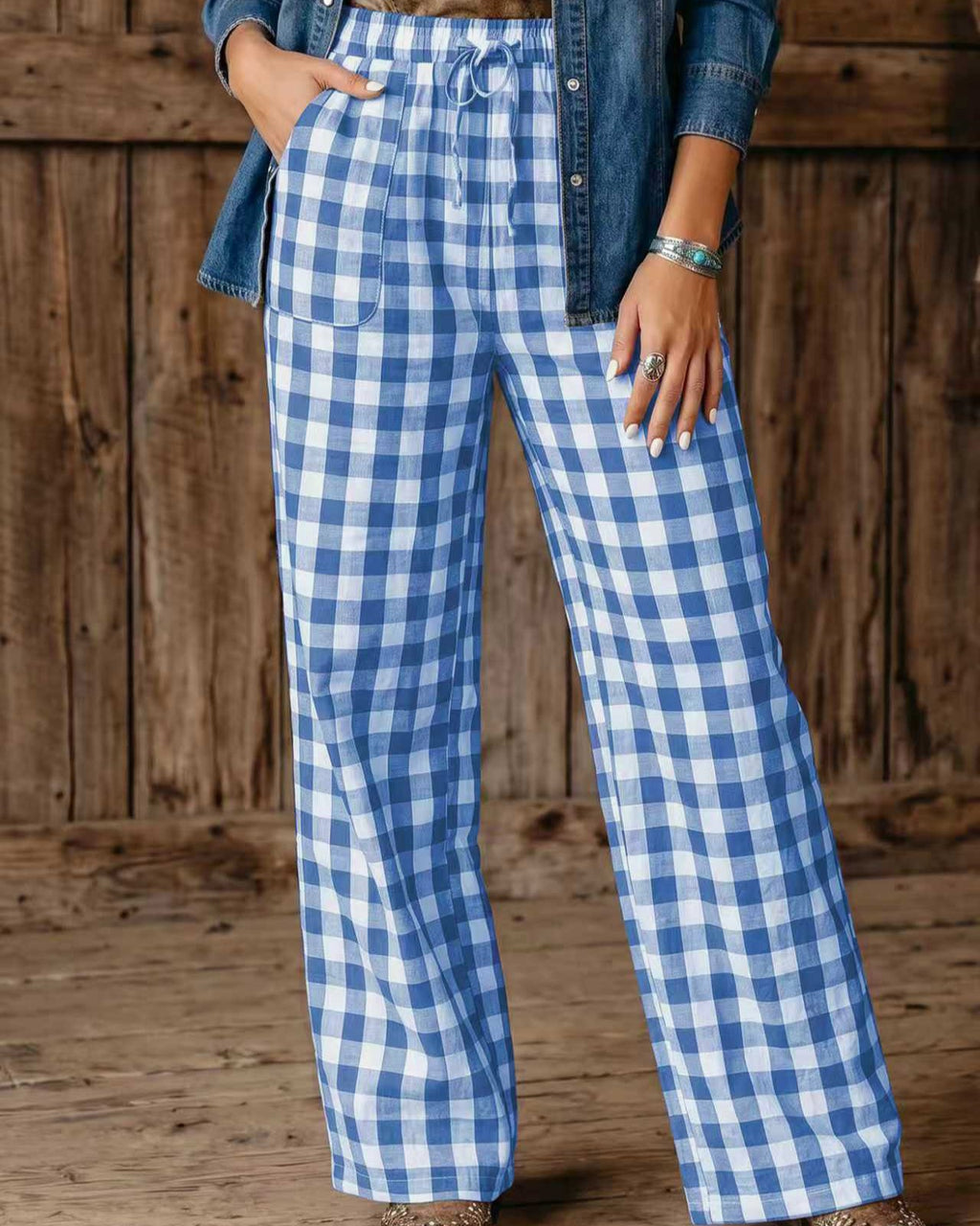 Gingham Drawstring Straight Leg Pants with Pockets - Blue