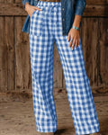Gingham Drawstring Straight Leg Pants with Pockets - Blue