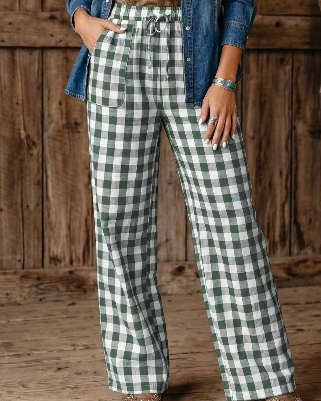 Gingham Drawstring Straight Leg Pants with Pockets - Green