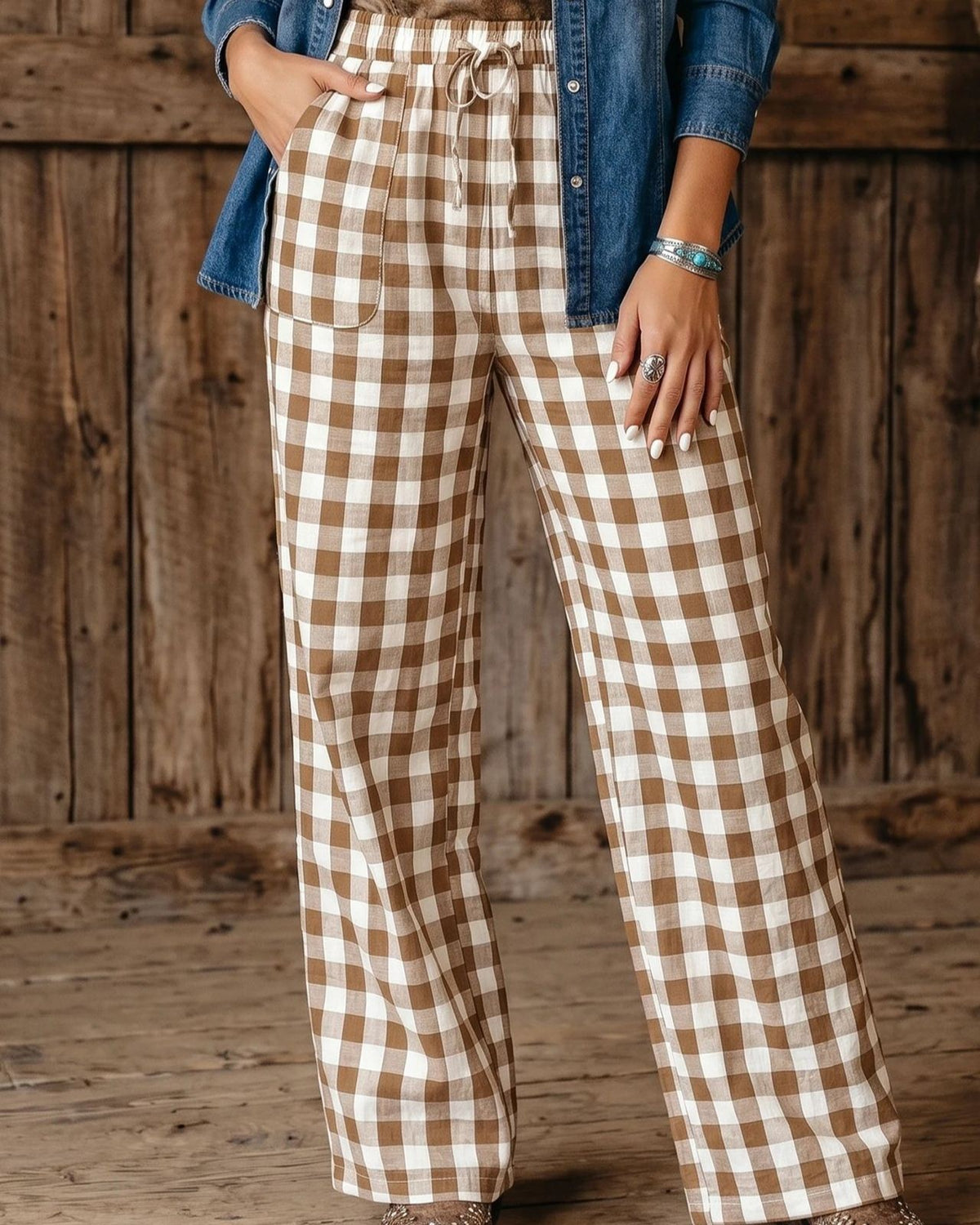 Gingham Drawstring Straight Leg Pants with Pockets - Khaki