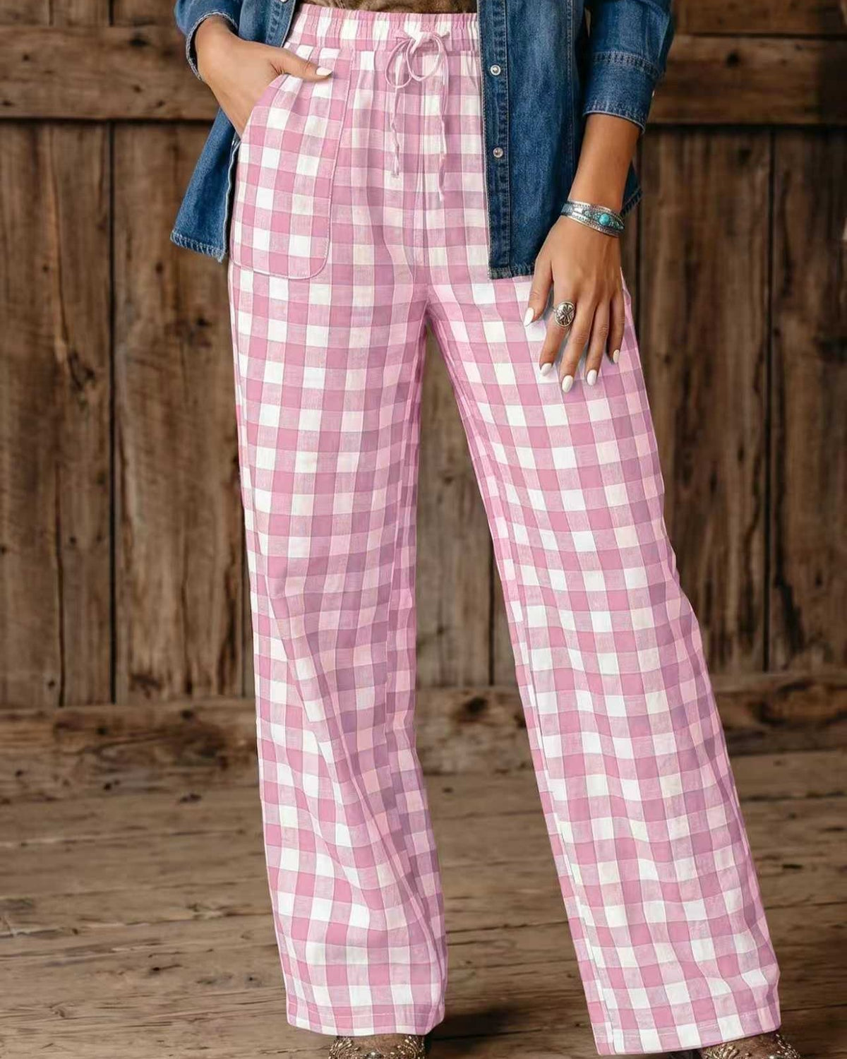 Gingham Drawstring Straight Leg Pants with Pockets - Pink