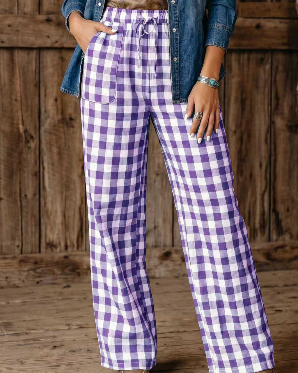 Gingham Drawstring Straight Leg Pants with Pockets - Purple