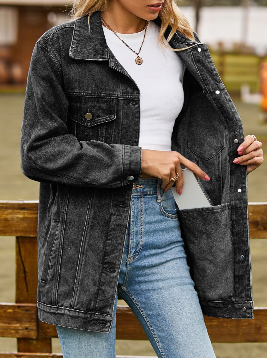 Oversized Longline Washed Denim Trucker Jacket - Black