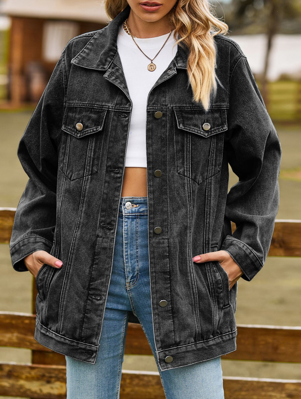 Oversized Longline Washed Denim Trucker Jacket - Black - 1