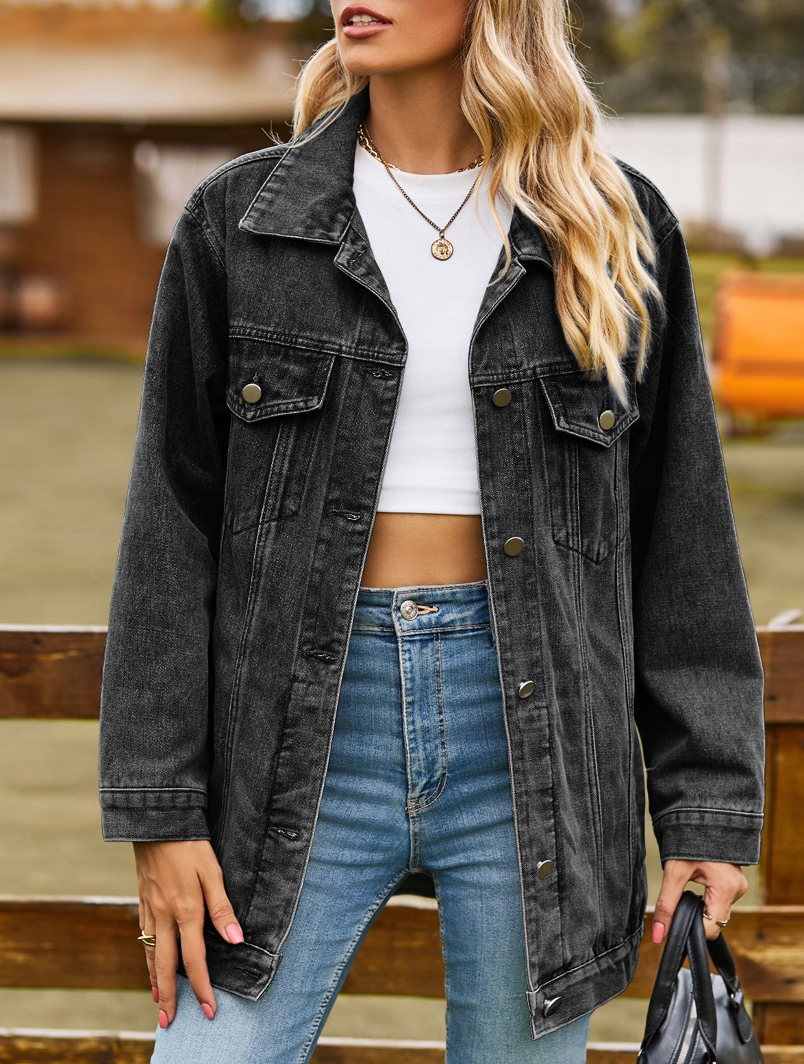 Oversized Longline Washed Denim Trucker Jacket - Black - 2
