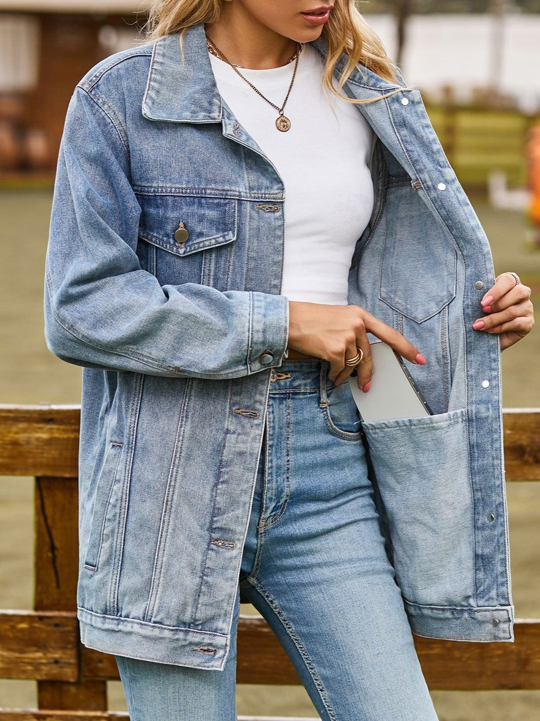 Oversized Longline Washed Denim Trucker Jacket - Blue - 1