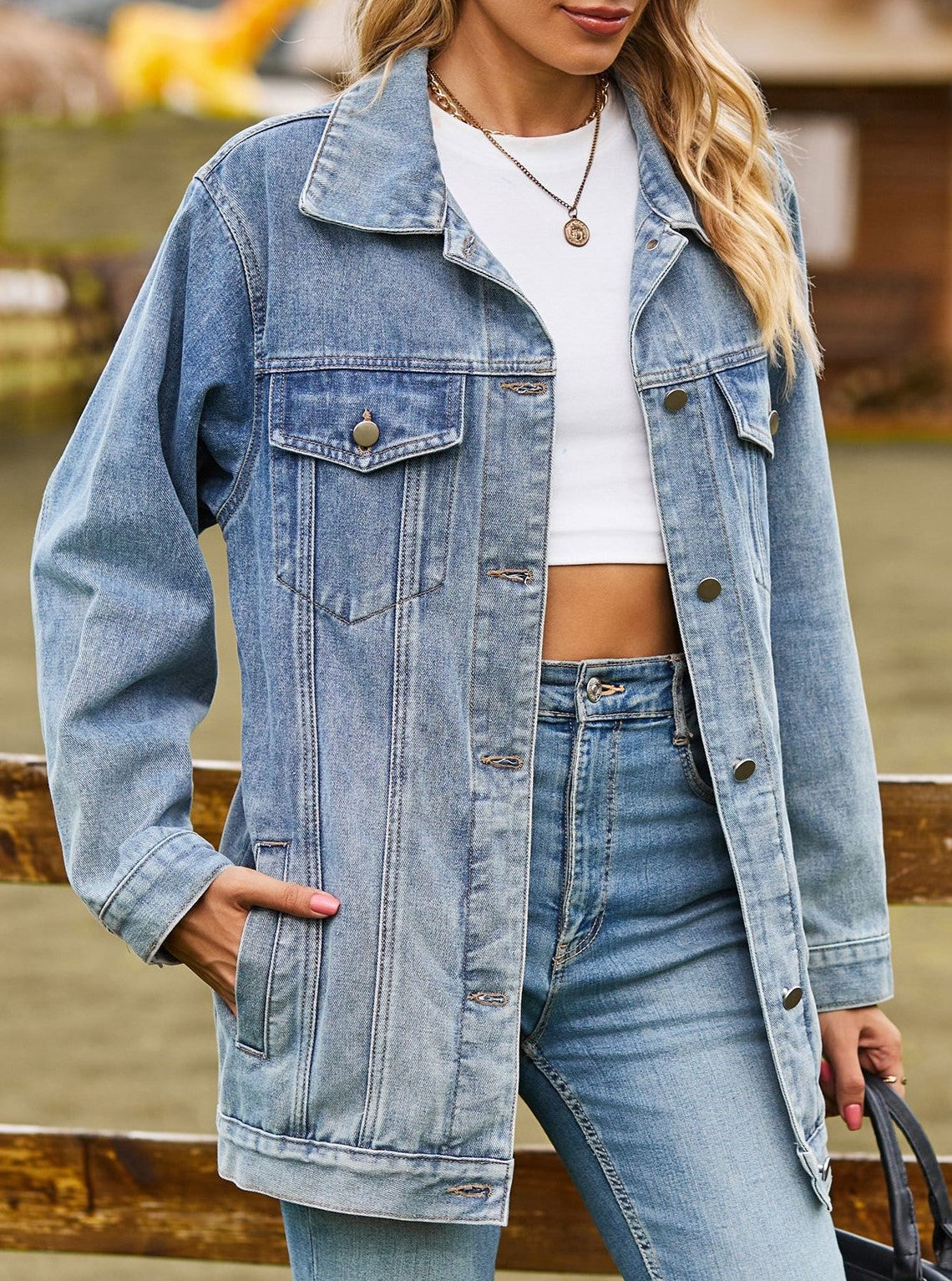 Oversized Longline Washed Denim Trucker Jacket - Blue - 2