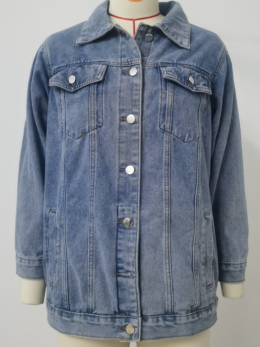 Oversized Longline Washed Denim Trucker Jacket - Blue - 3