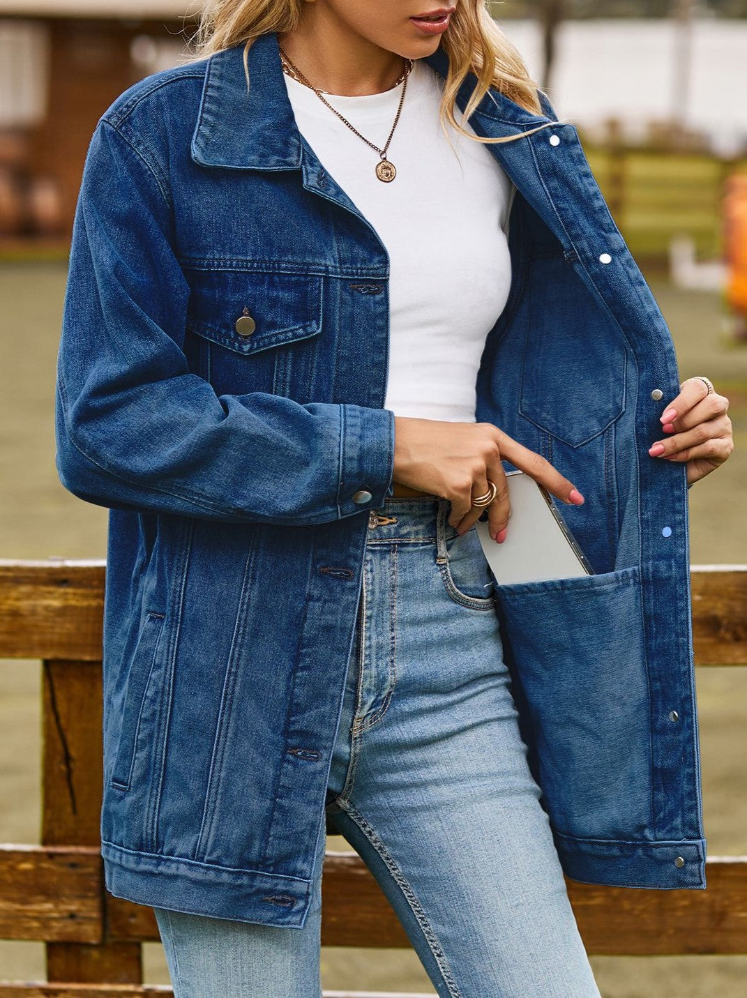 Oversized Longline Washed Denim Trucker Jacket - Darkblue