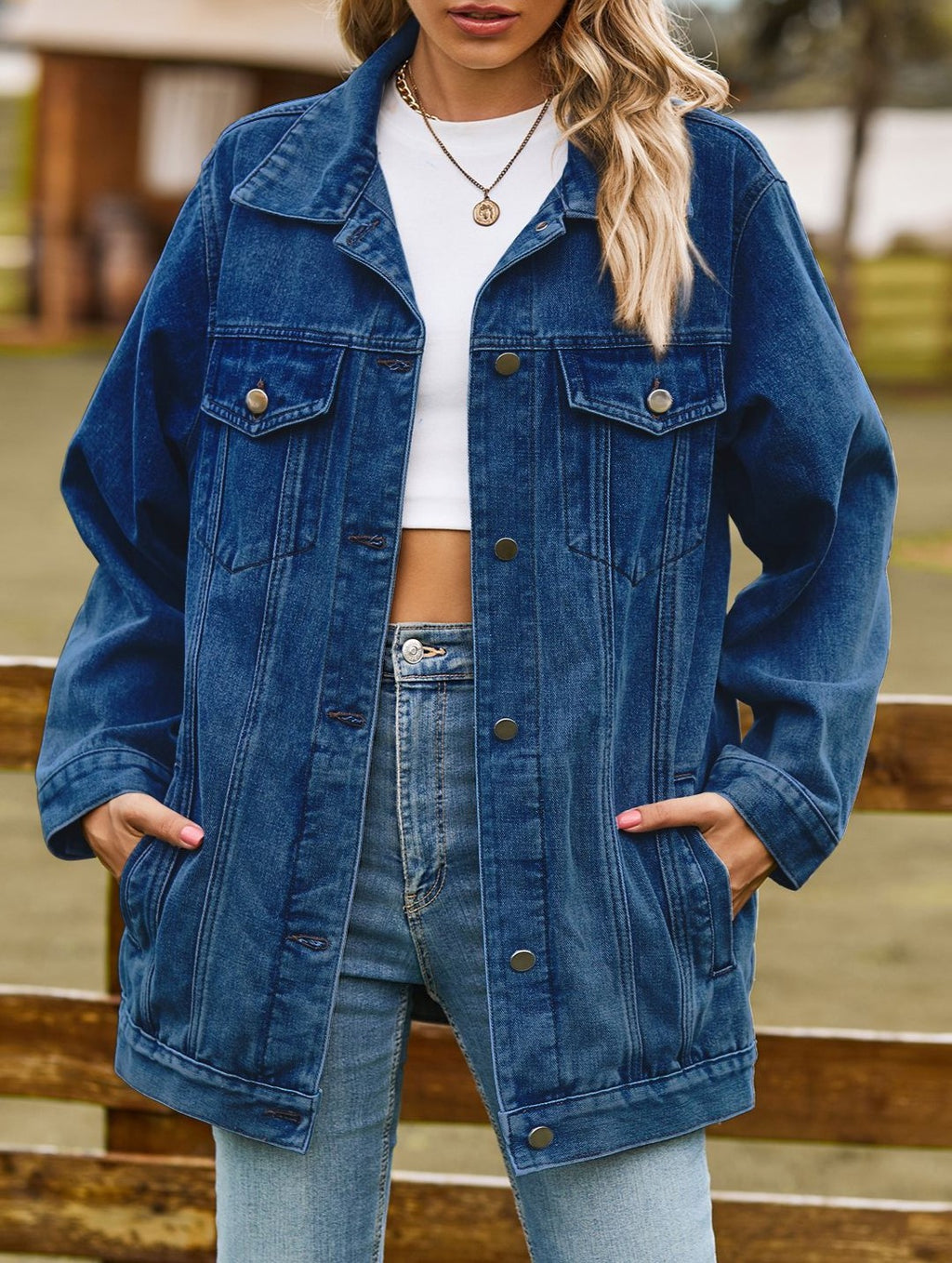 Oversized Longline Washed Denim Trucker Jacket - Darkblue - 2