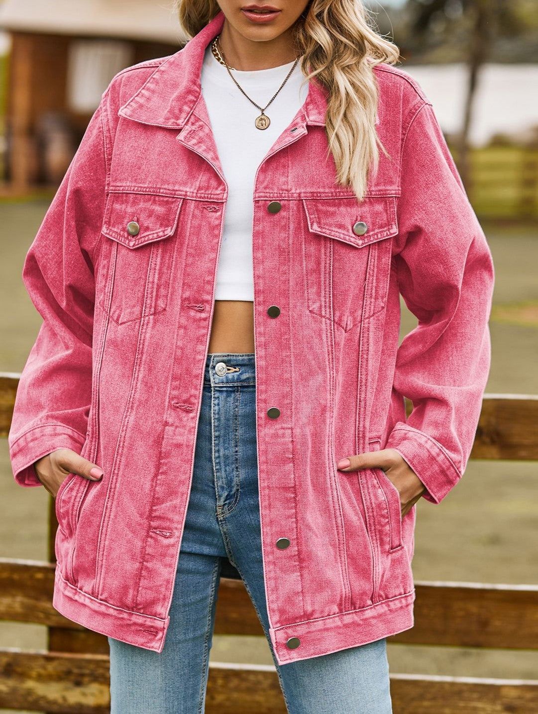 Oversized Longline Washed Denim Trucker Jacket - Pink