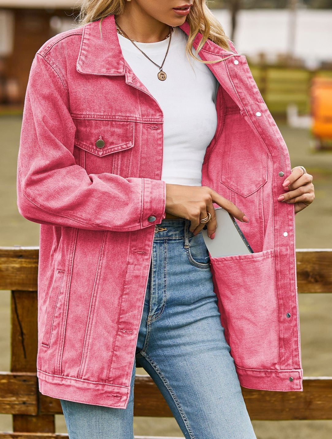Oversized Longline Washed Denim Trucker Jacket - Pink - 1