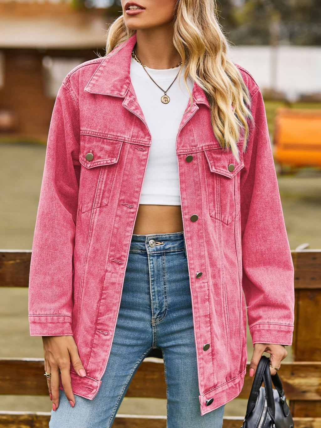 Oversized Longline Washed Denim Trucker Jacket - Pink - 2