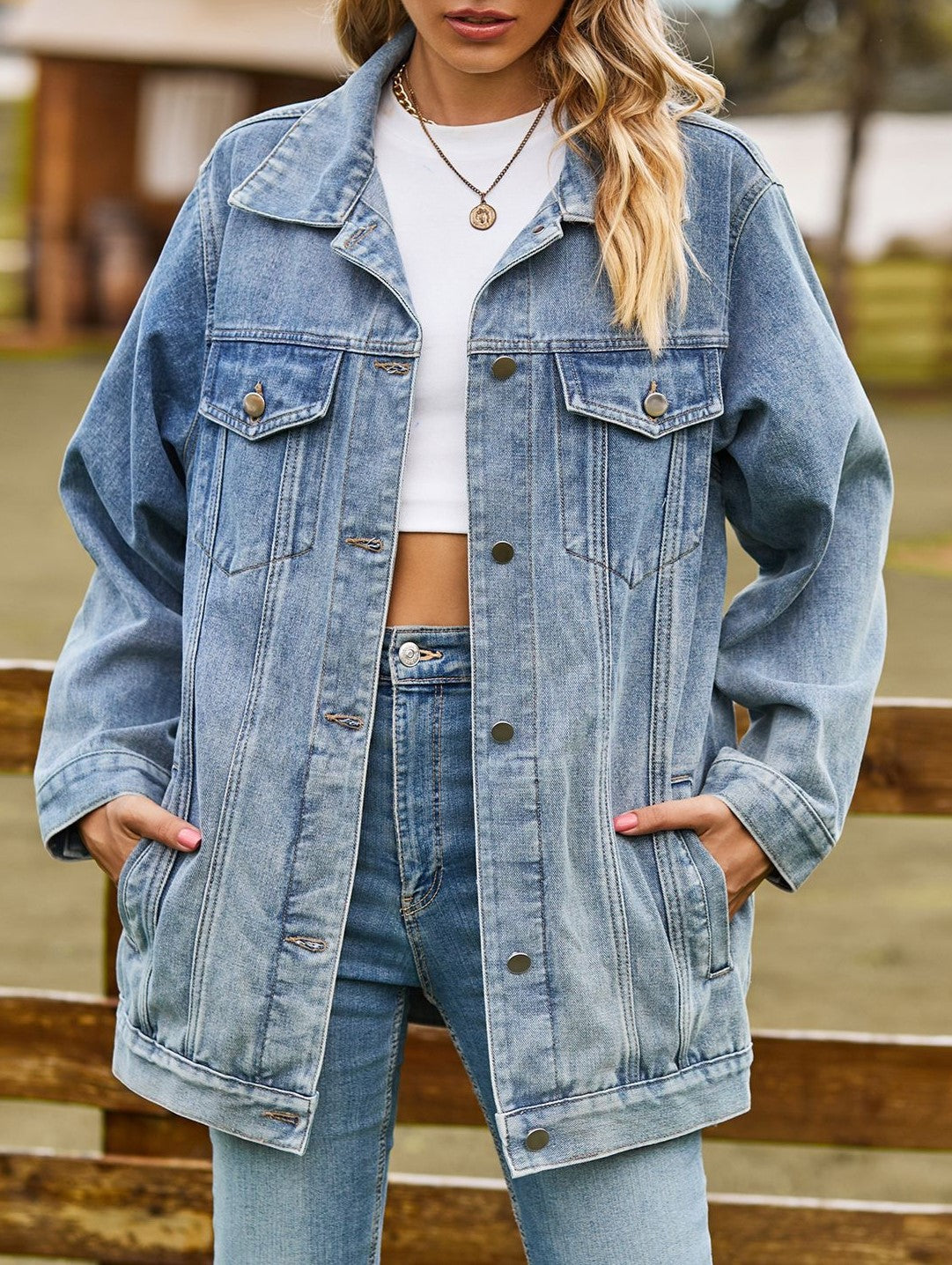 Oversized Longline Washed Denim Trucker Jacket