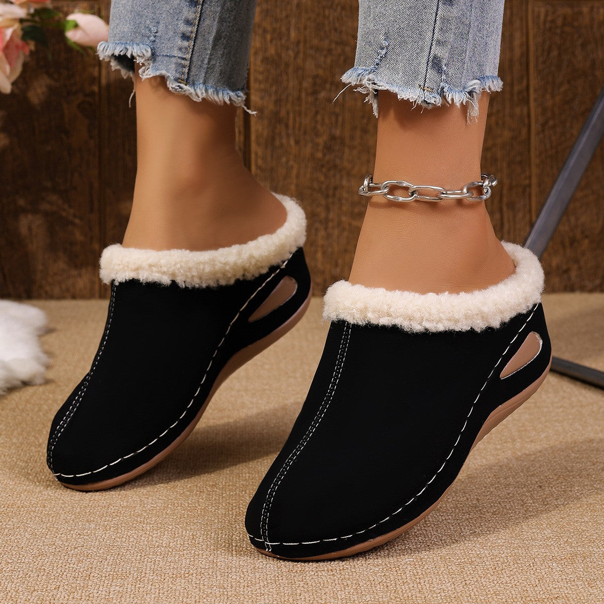 Fleece Trim Wedge Clog Slippers