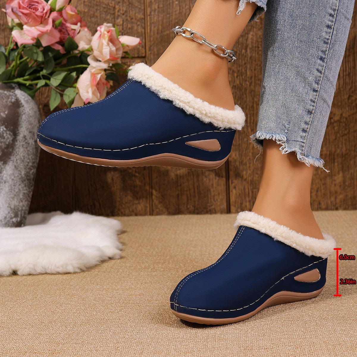 Fleece Trim Wedge Clog Slippers