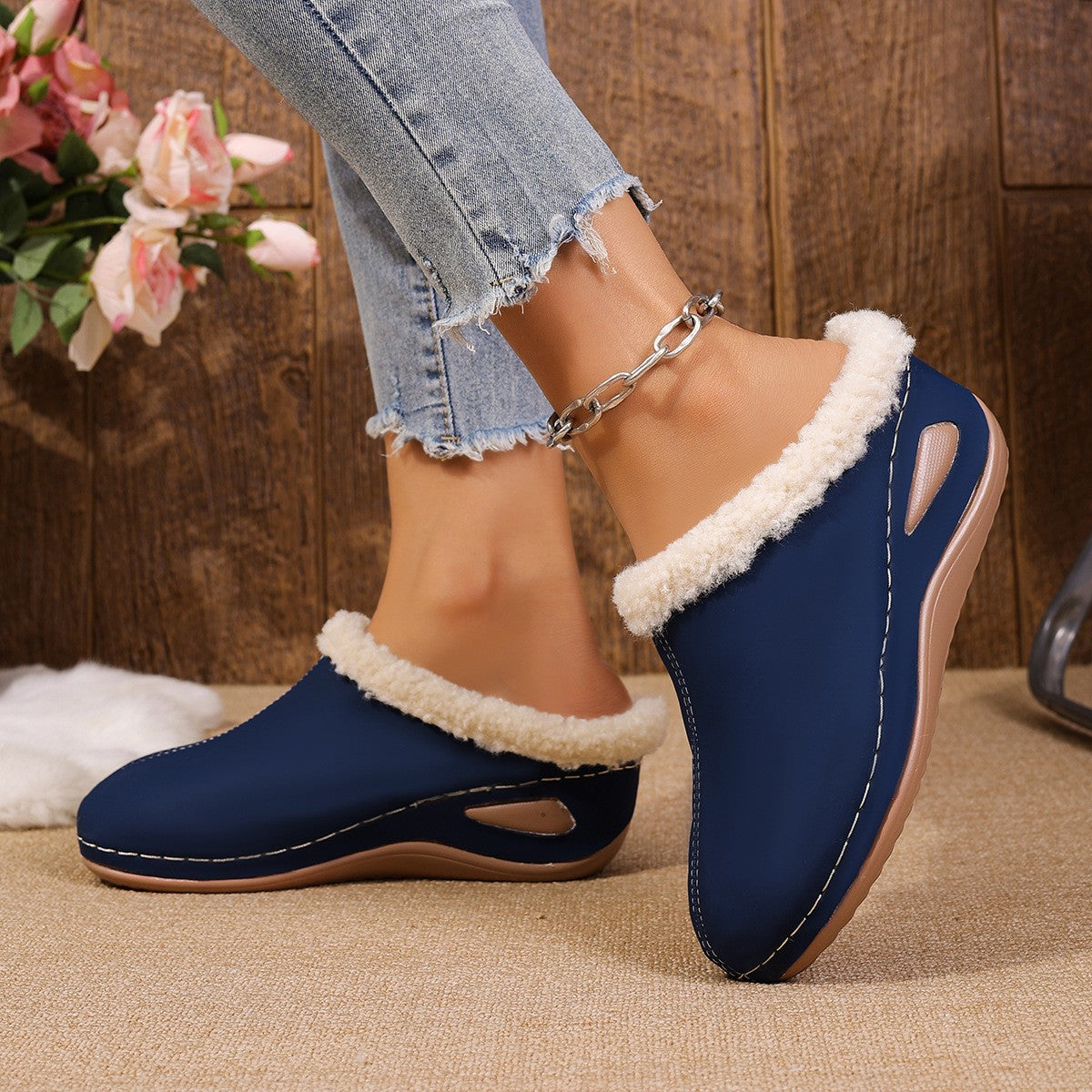 Fleece Trim Wedge Clog Slippers