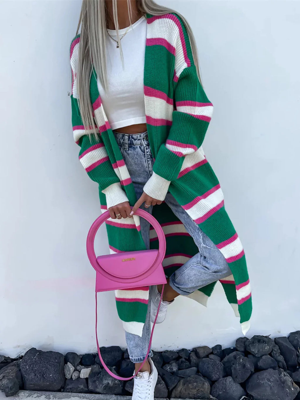Wide Stripe Longline Open Front Cardigan - Green