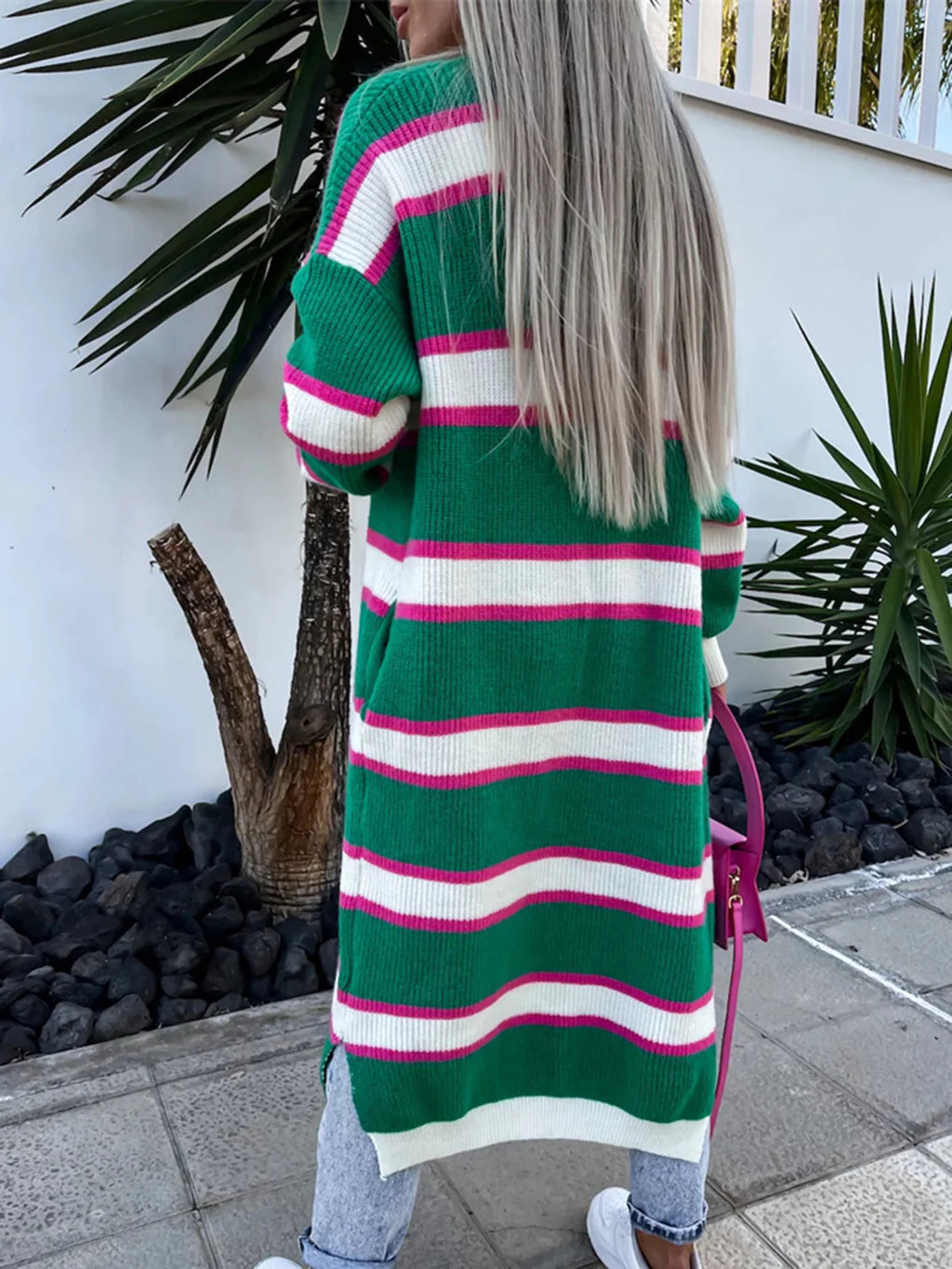 Wide Stripe Longline Open Front Cardigan - Green - 1