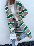 Wide Stripe Longline Open Front Cardigan - Khaki
