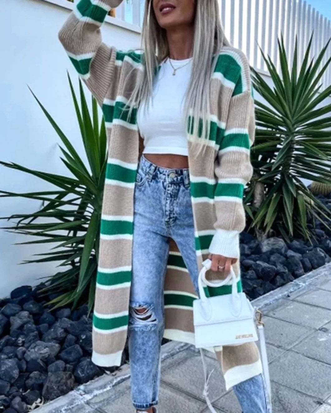 Wide Stripe Longline Open Front Cardigan - Khaki - 1